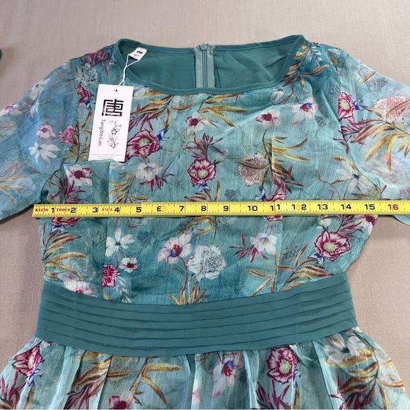 TangWeiLan Floral Chiffon Midi Dress Teal Blue NWT Marked XL Runs Small - Picture 8 of 12